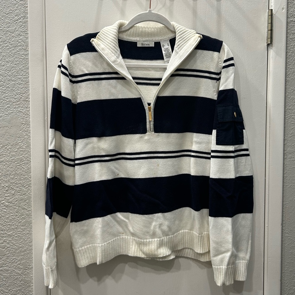 Liz&co Navy and White Striped Quarter Zip Sweater